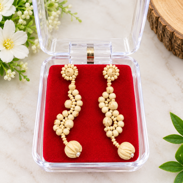 Handcrafted Tulsi Bead Long Dangle Earrings with Carved Lotus Drops